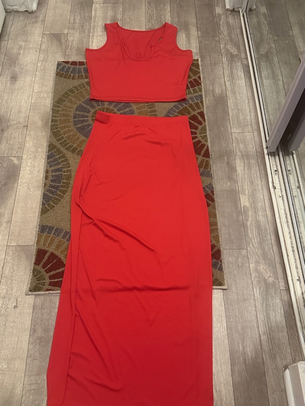 Amazon Women's Red Two-Piece Crop Top and Maxi Skirt Set